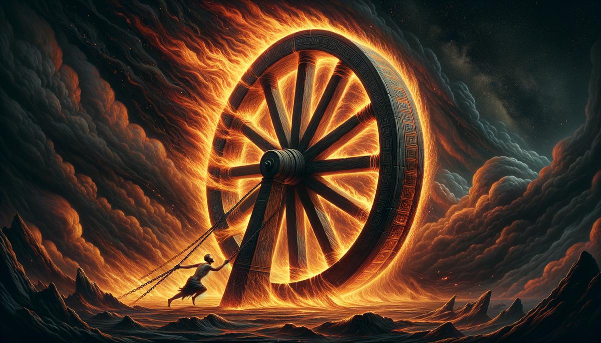 Digital painting of Ixion tied to an enormous wheel engulfed in flames, spinning endlessly through a dark, foreboding space as punishment for his crimes.