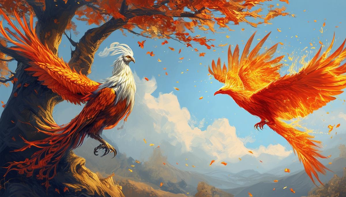 Digital painting of the wise Persian Simurgh perched in a tree and the dazzling Slavic Firebird in flight, two mythical birds similar to the phoenix