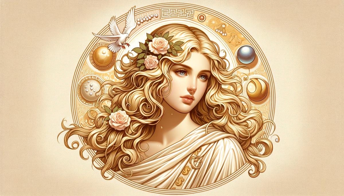 Digital painting portrait of Aphrodite, the Greek goddess of love and beauty, with wavy golden hair, a delicate white robe and a serene expression