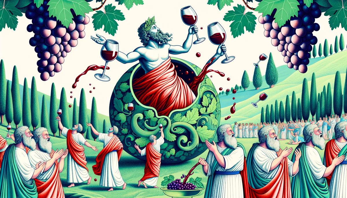 Dionysus emerging from Zeus's thigh, surrounded by grapevines and revelers