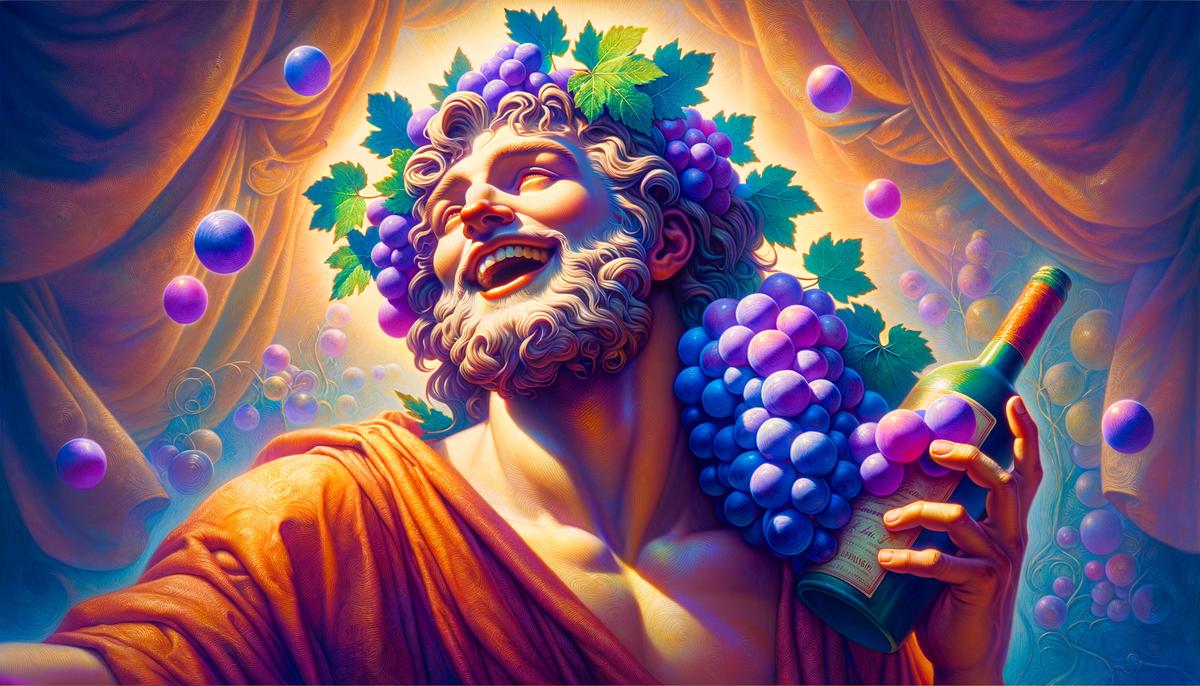 Dionysus, the Greek god of wine and celebration, holding a bunch of ripe, purple grapes, symbolizing joy, abundance, and the cyclical nature of life. The grapes appear to burst with vitality and sweetness, reflecting the festive spirit Dionysus embodies.