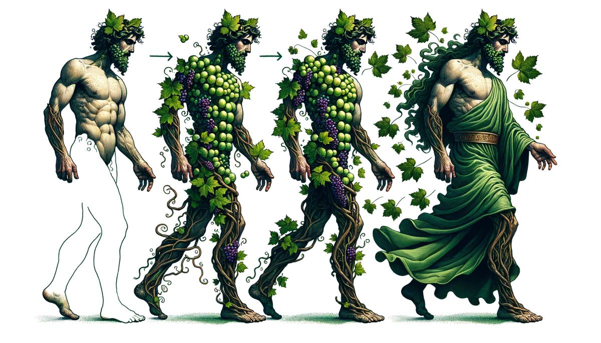 Dionysus transforming from a grapevine into his godly form, representing change and redemption
