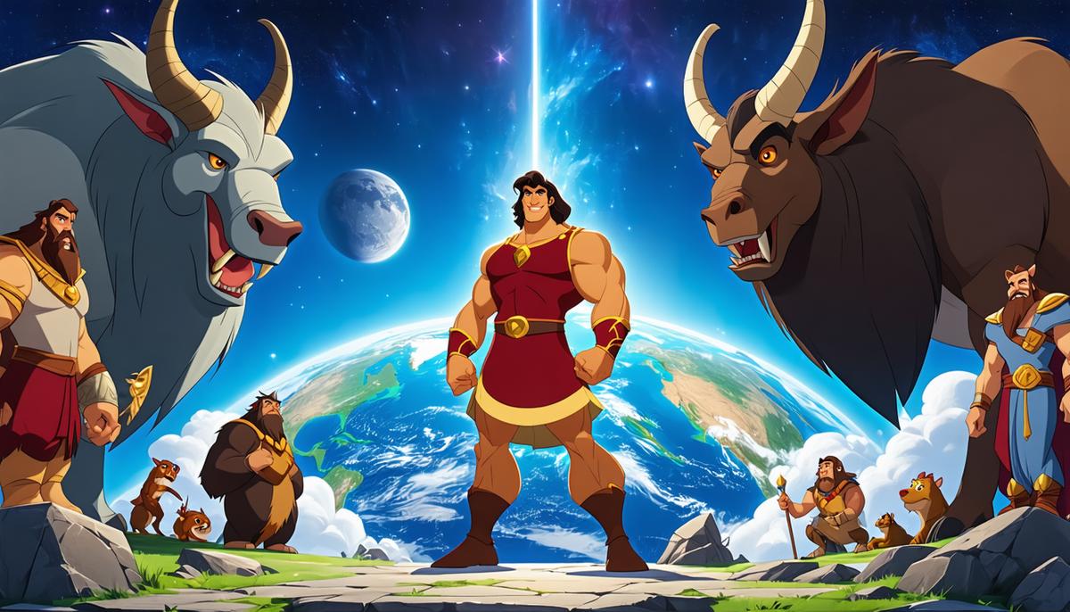 Disney's animated Hercules standing between Mount Olympus and Earth, surrounded by mythical creatures and gods