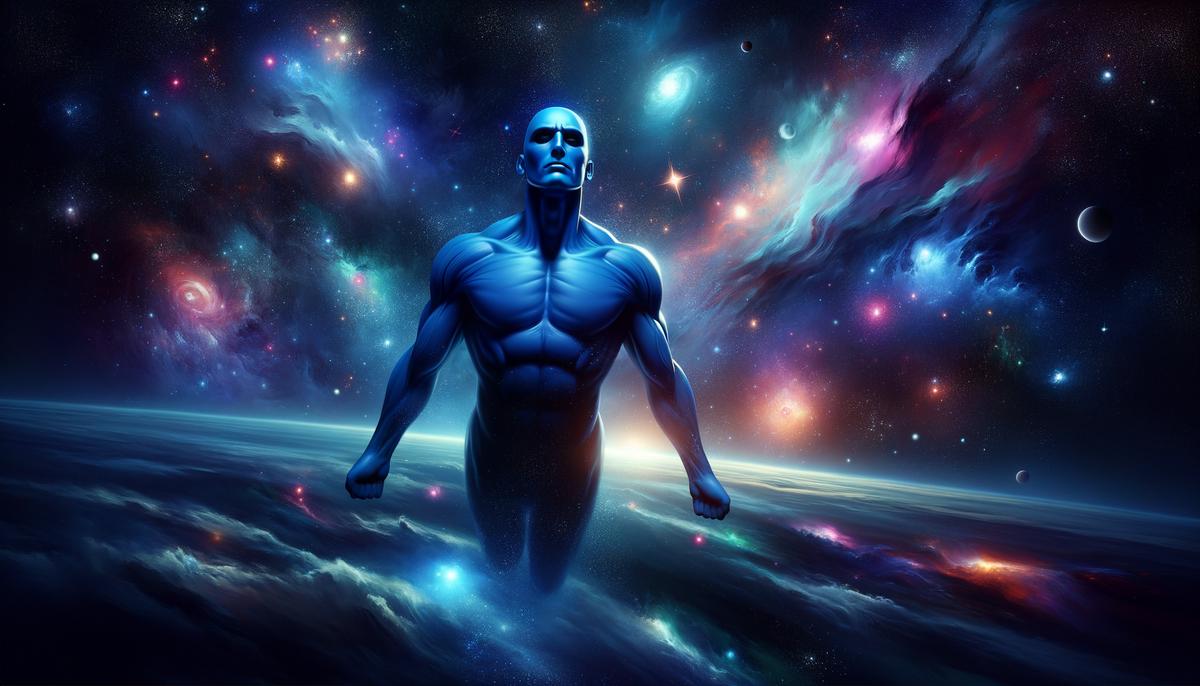 Dr. Manhattan floating in space, contemplating the universe