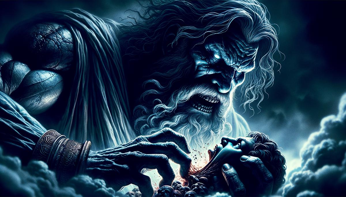 Dramatic illustration of Cronus, the Titan king, devouring one of his children