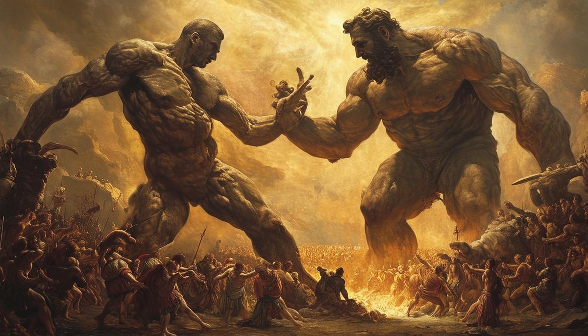 Dramatic illustration of the Gigantomachy, showing Olympian gods battling giant beings