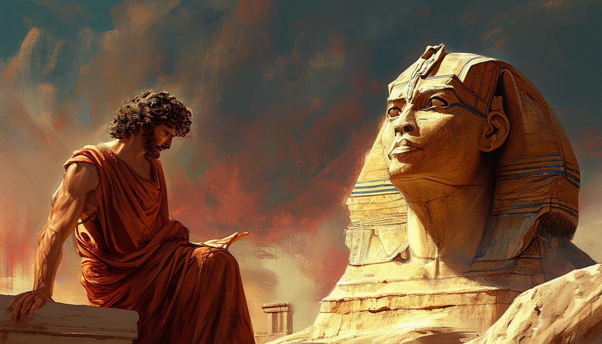 Dramatic painting of Oedipus solving the famous riddle of the Sphinx in Greek mythology