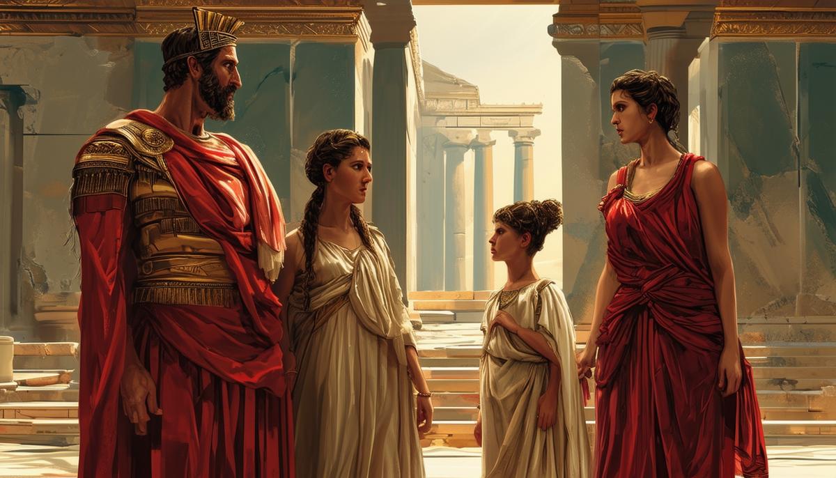 Dramatic scene of Agamemnon, Clytemnestra, and young Iphigenia in a Greek palace