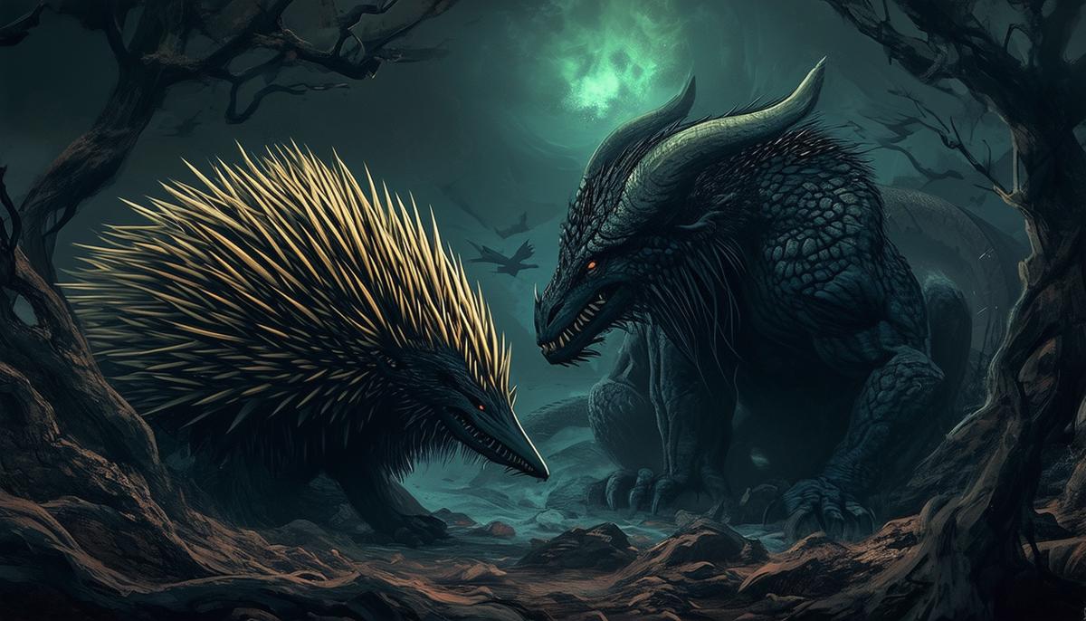 Echidna and Typhon, the monstrous parents of the Hydra, in a dark mythical landscape