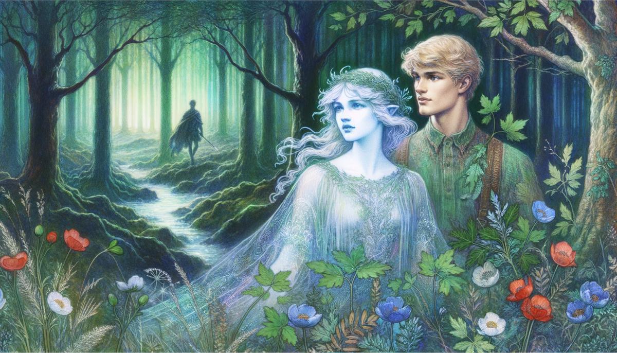 Echo, partially transparent, following Narcissus through a lush forest