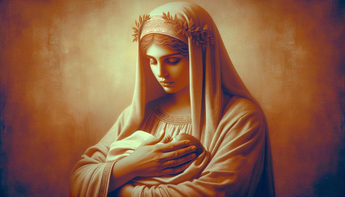 Eileithyia, the Greek goddess of childbirth, in a nurturing pose with a maternal expression