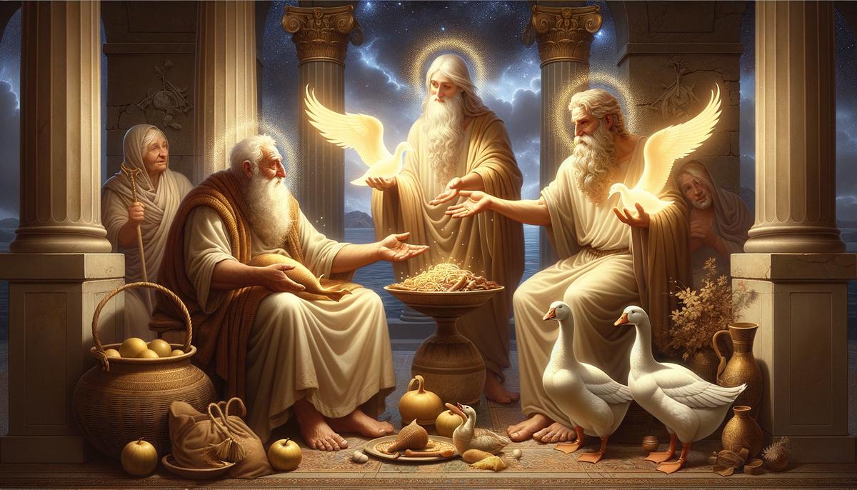 Elderly couple Baucis and Philemon welcoming disguised gods Zeus and Hermes into their humble home