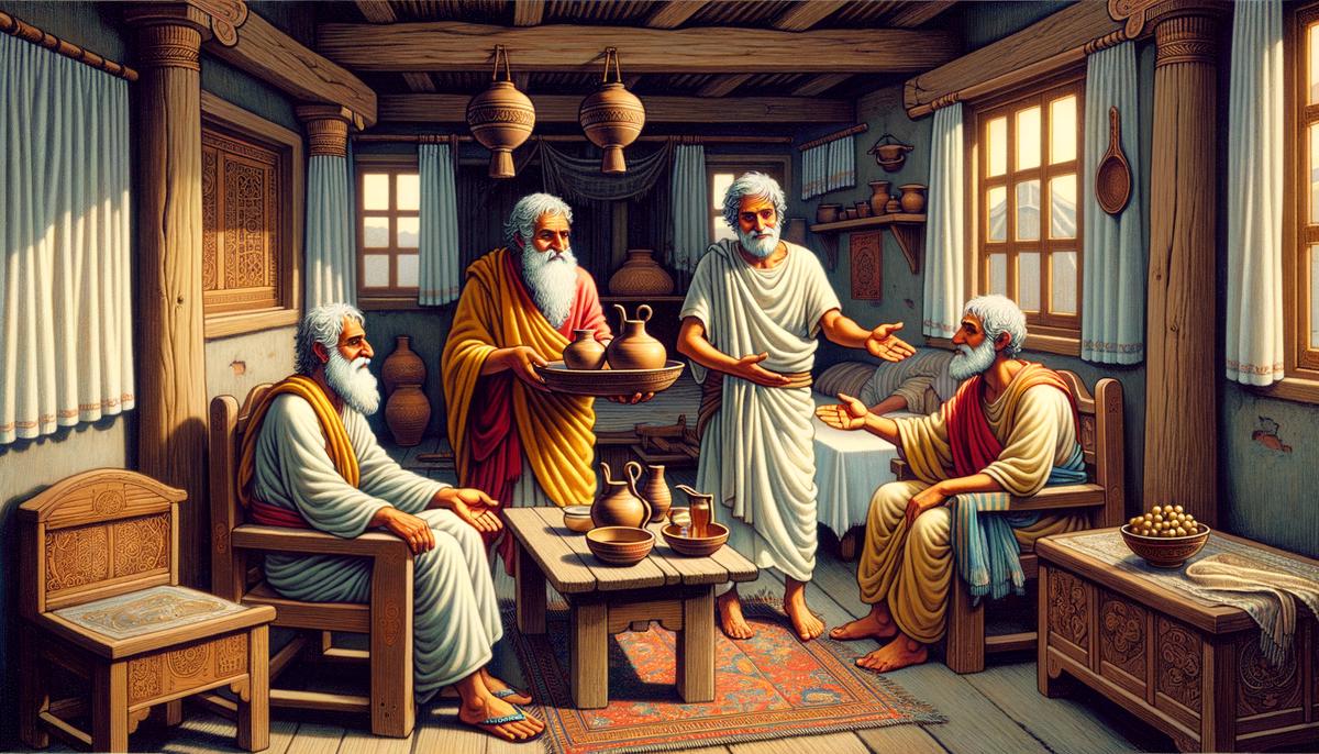 Elderly couple Baucis and Philemon welcoming disguised Zeus and Hermes into their humble home