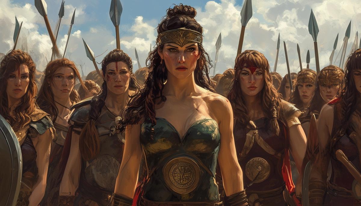 Elliúna and her Amazons confronting their male kinsmen on the battlefield, with determination and resolve in their eyes