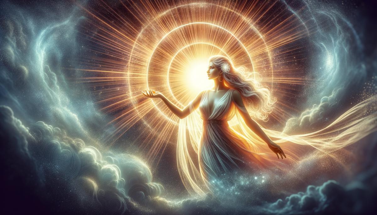 Eos, the Greek goddess of dawn, with a radiant and glowing appearance as she opens the heavenly gates