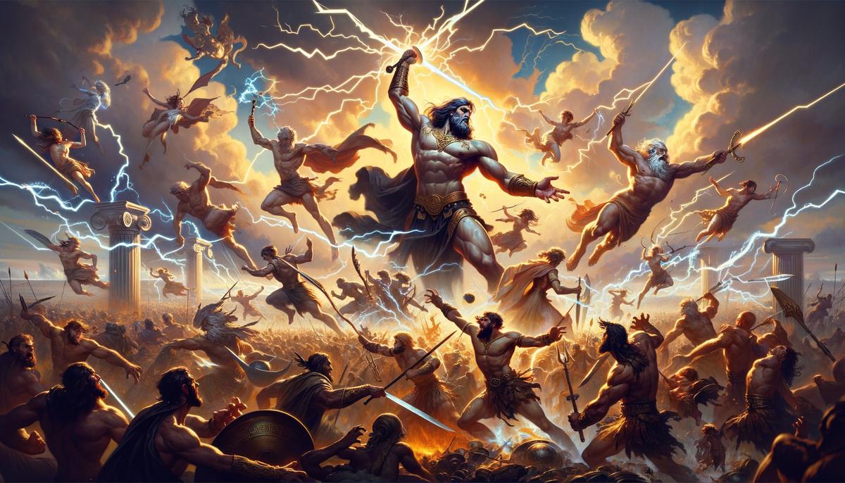 Epic battle scene depicting the Titanomachy, with Olympians and Titans clashing