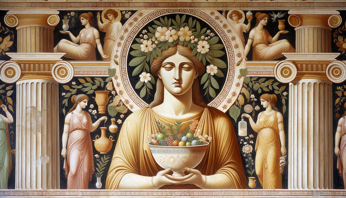 Epione, the goddess of nurturing care, depicted in ancient Greek art with a benevolent expression, holding a bowl of healing elixir and surrounded by symbols of refreshing relaxation and traditional curatives