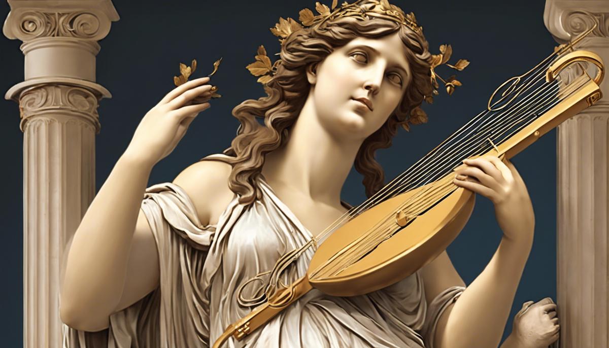 Erato, the Greek Muse of lyric and love poetry, elegantly holding a lyre and looking romantic
