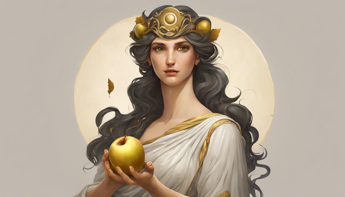 Eris, the Greek goddess of discord and strife, with a mischievous, troublemaking expression holding a golden apple