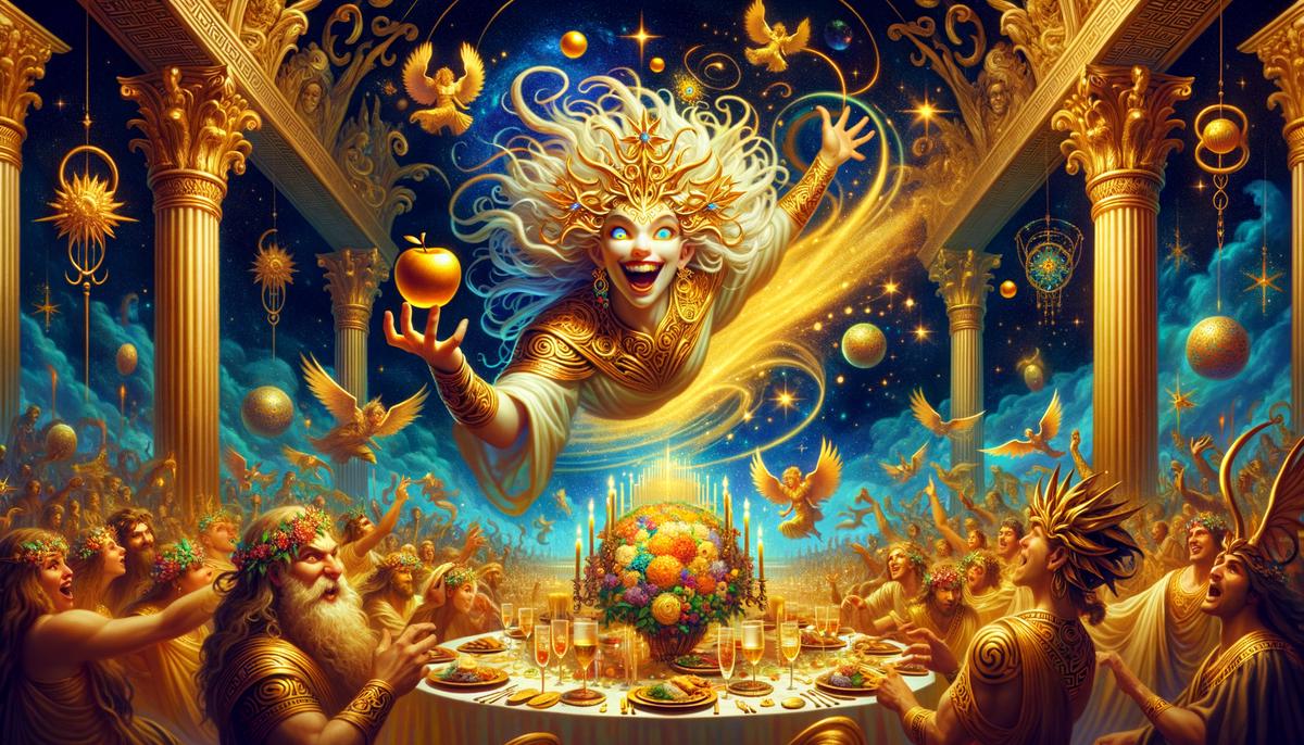 Eris tossing a golden apple into a crowd of gods and goddesses, causing chaos