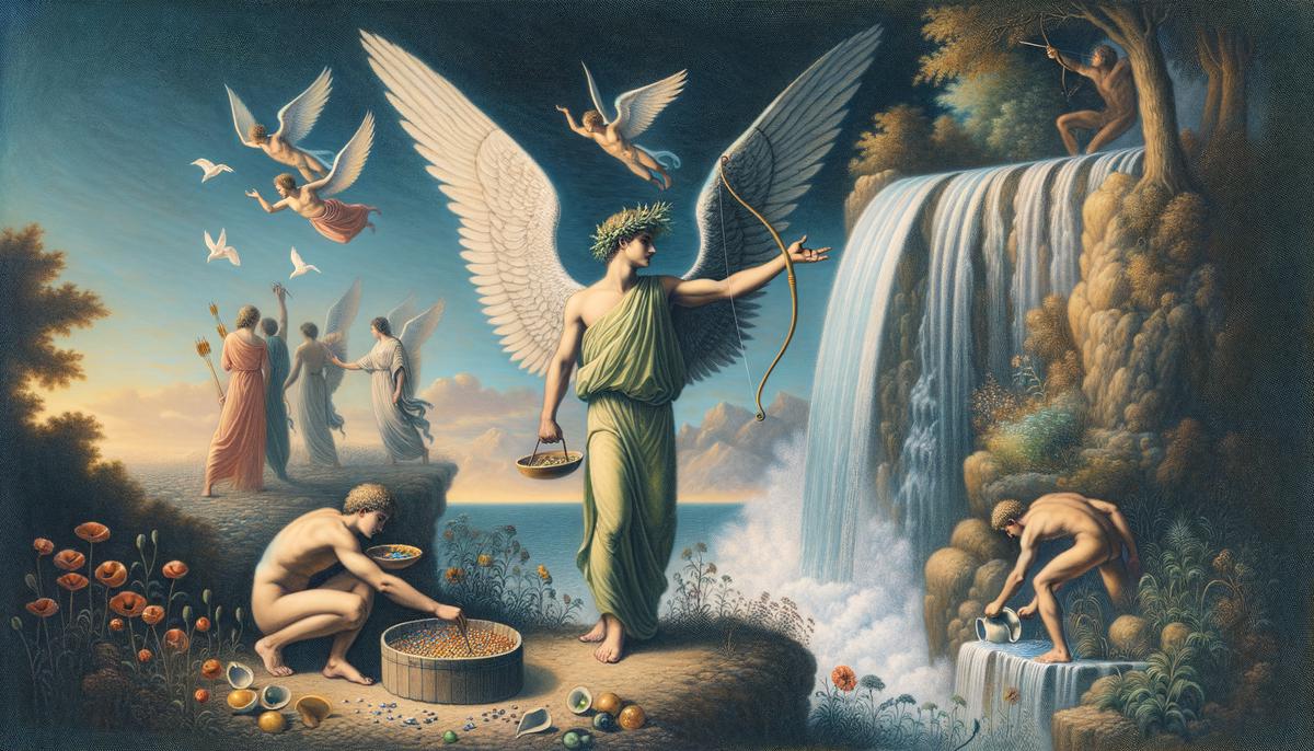 Eros helping Psyche complete her trials, surrounded by mythical creatures and obstacles