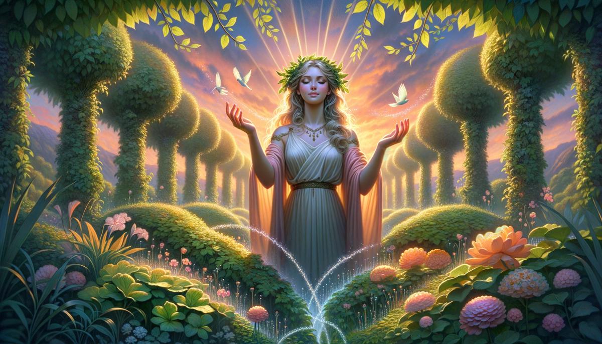 Ersa, surrounded by dew-covered plants and flowers, symbolizing her role as the goddess of dew and nourishment