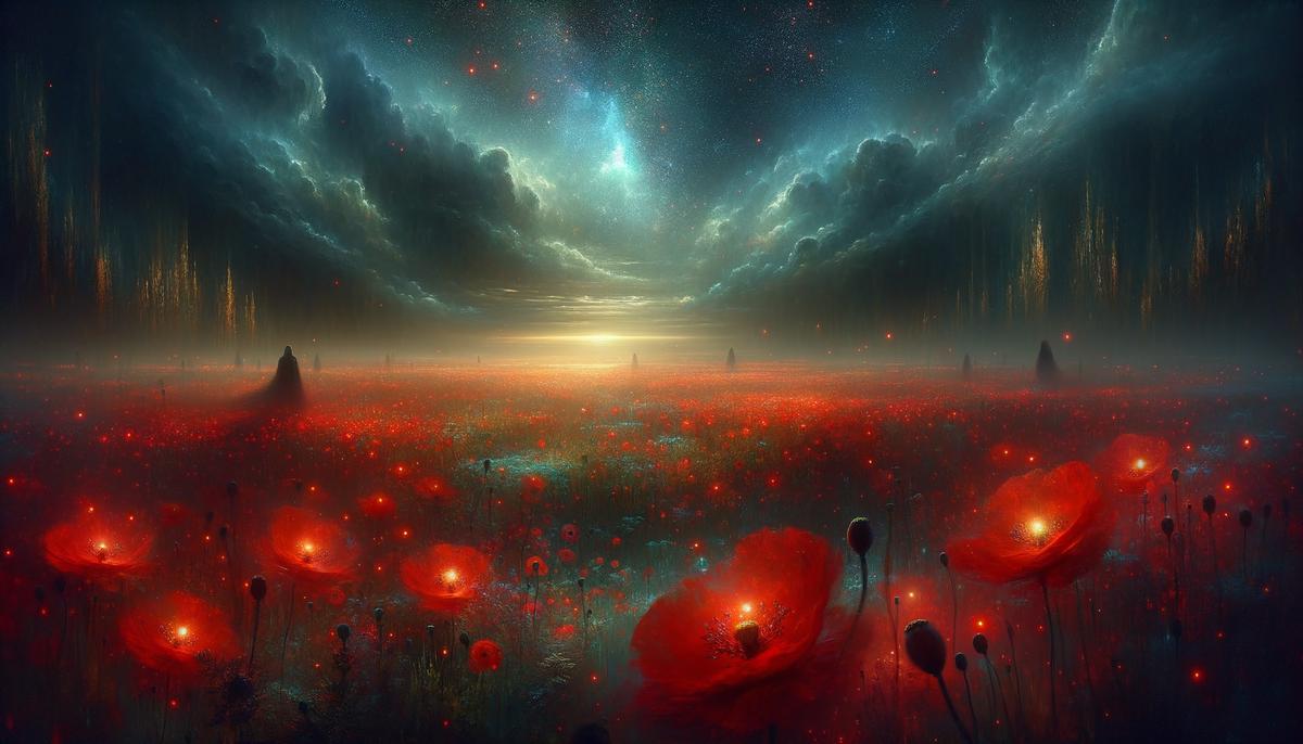 Ethereal field of red poppies in the mythical underworld