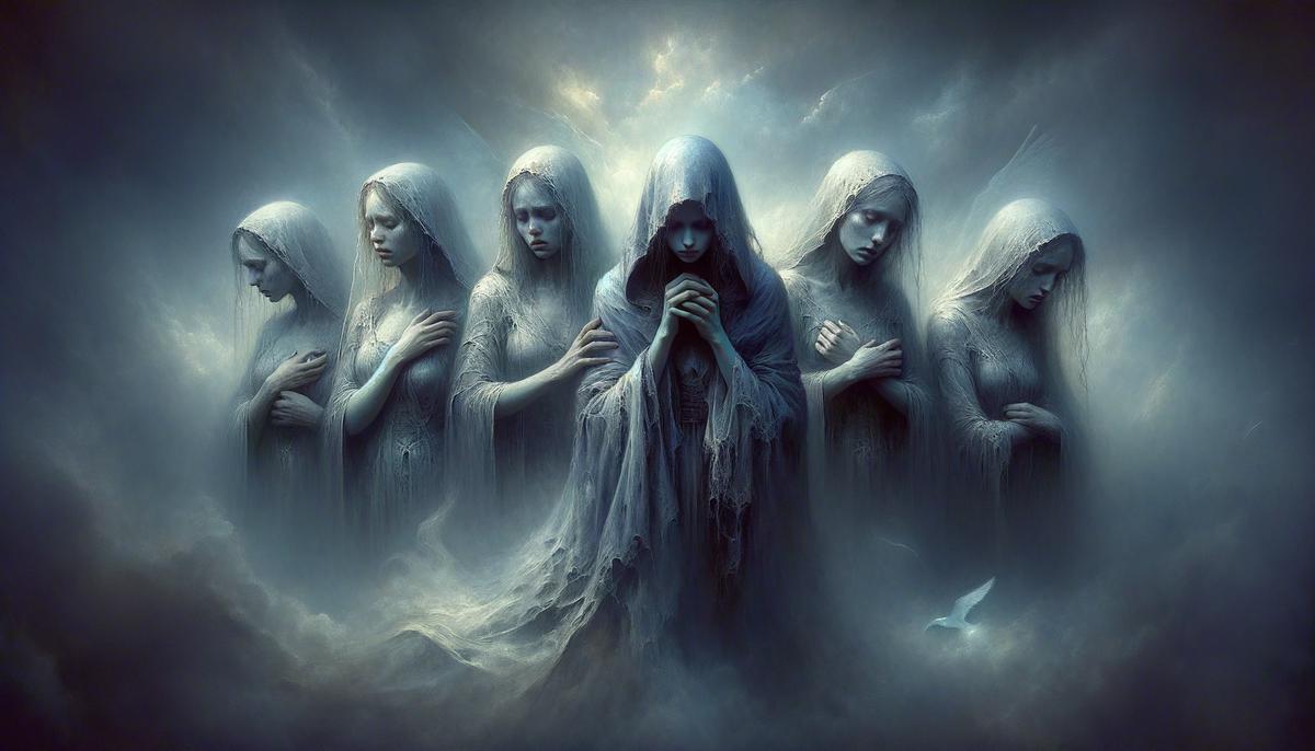 Ethereal figures representing Penthos and the Algea sisters, embodying grief and sorrow