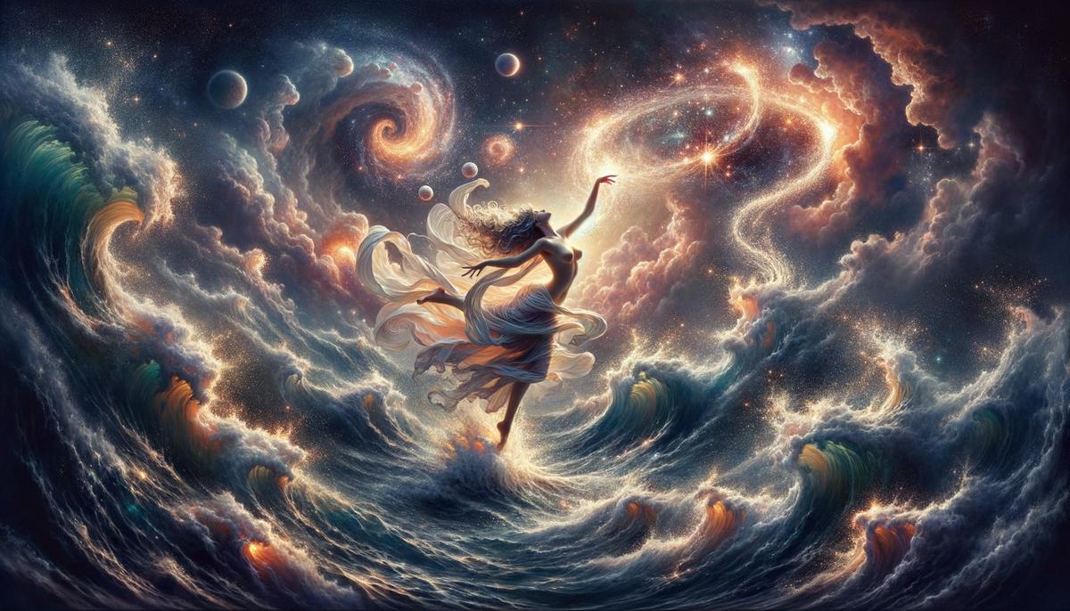 Eurynome dancing gracefully on the waves, her movements stirring the primeval waters and birthing the cosmos