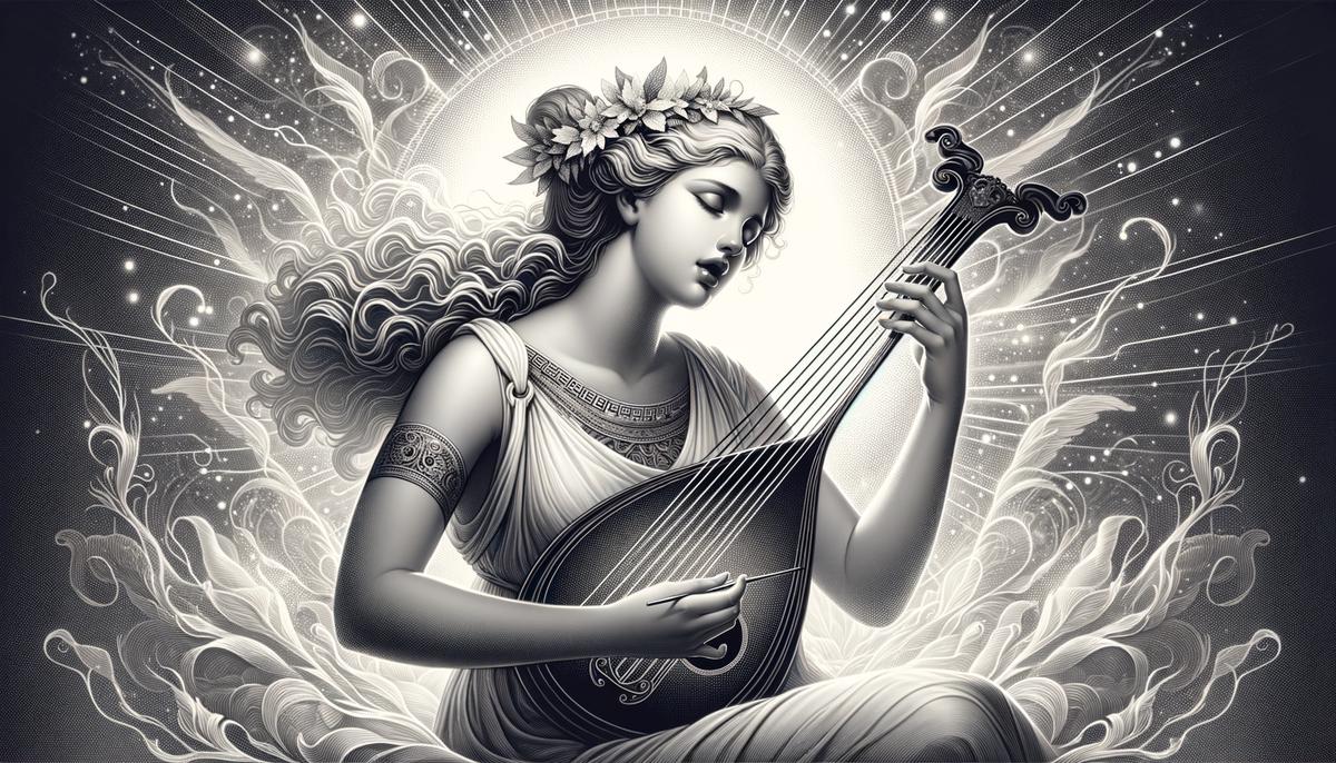 Euterpe, the Greek muse of music, playing a lyre and singing with a serene expression