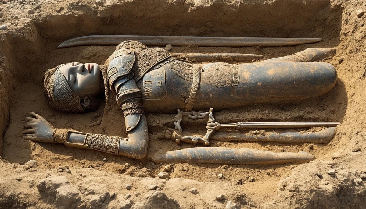 Excavated grave of a Scythian female warrior buried with weapons and armor
