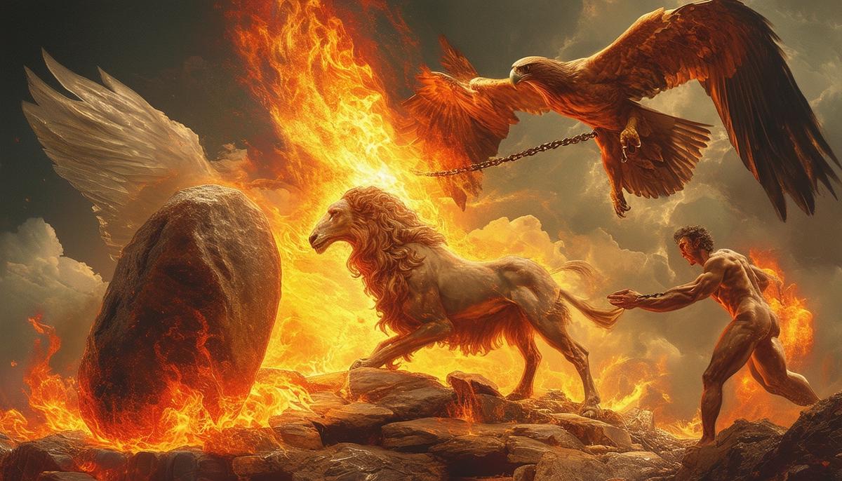 Fantasy art collage featuring Ixion on his fiery wheel, Sisyphus pushing his boulder, Tantalus reaching for unreachable sustenance, and Prometheus chained as an eagle eats his liver, all suffering their respective eternal punishments.