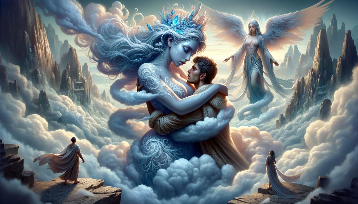 Fantasy art depicting Ixion lustfully embracing Nephele, a cloud in the shape of Hera, while the real Hera watches disapprovingly in the background on Mount Olympus.