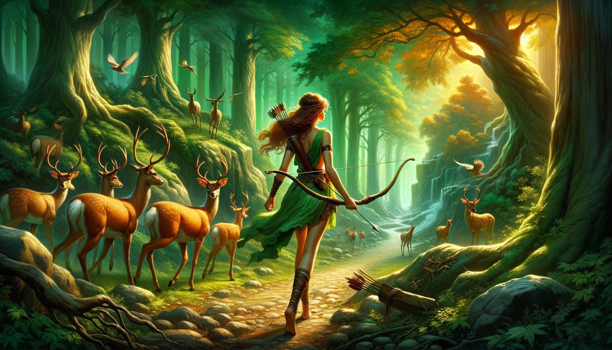 Fantasy art painting of Artemis, Greek goddess of the hunt, exploring a lush forest with her bow and arrow, accompanied by wild animals