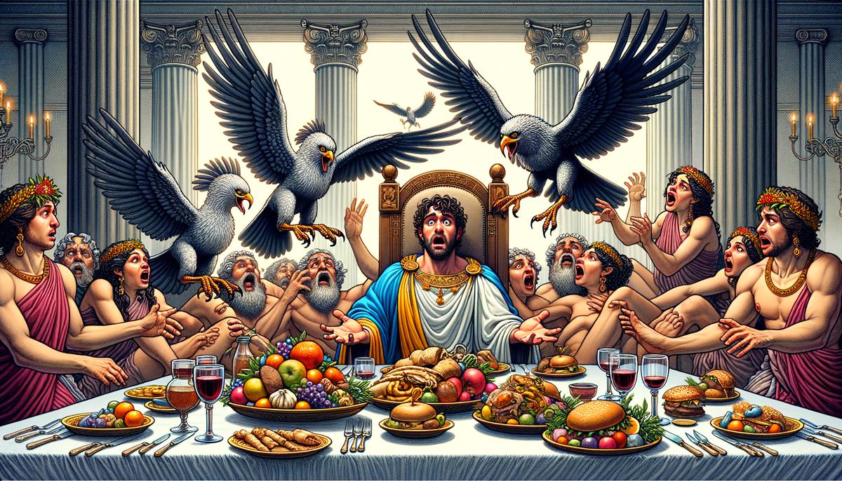 Fearsome bird-women creatures called Harpies swoop down upon a startled king, snatching the food from his banquet table and leaving chaos in their wake.