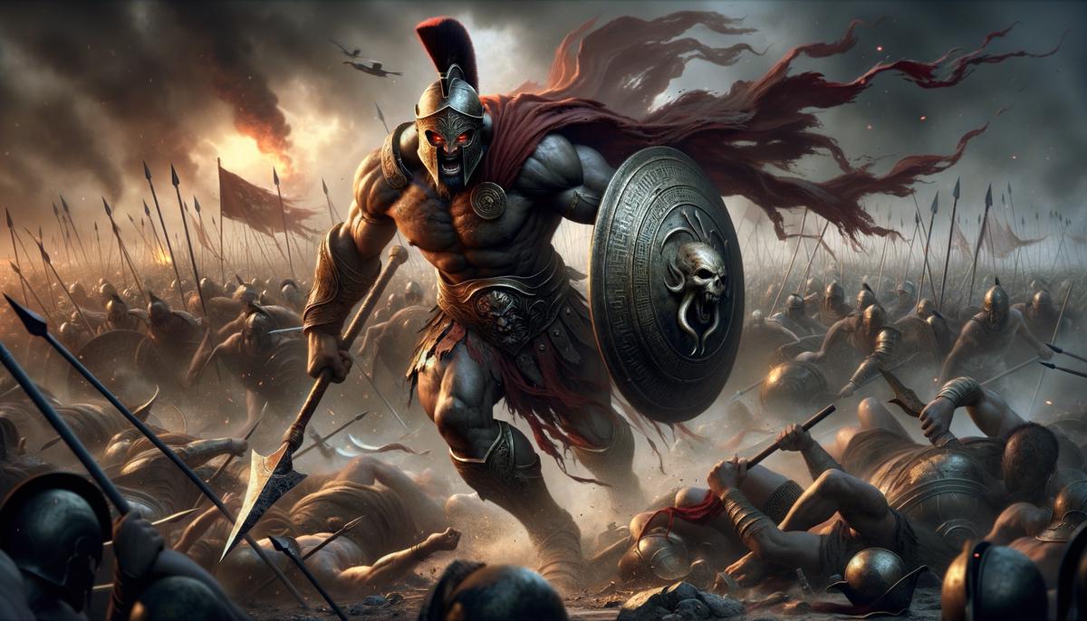 Fierce Ares charging into battle on a war-torn field, wielding a spear and shield