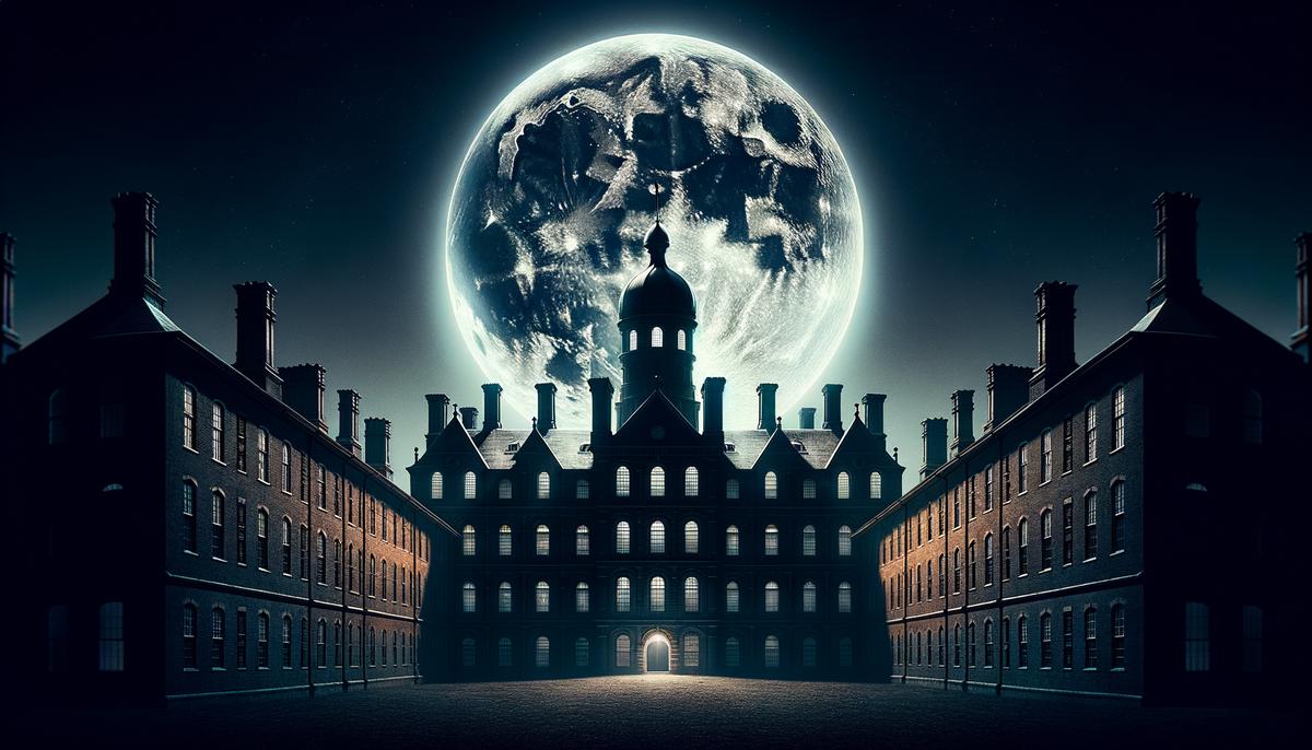 Full moon rising over a foreboding 18th-century Bedlam Hospital