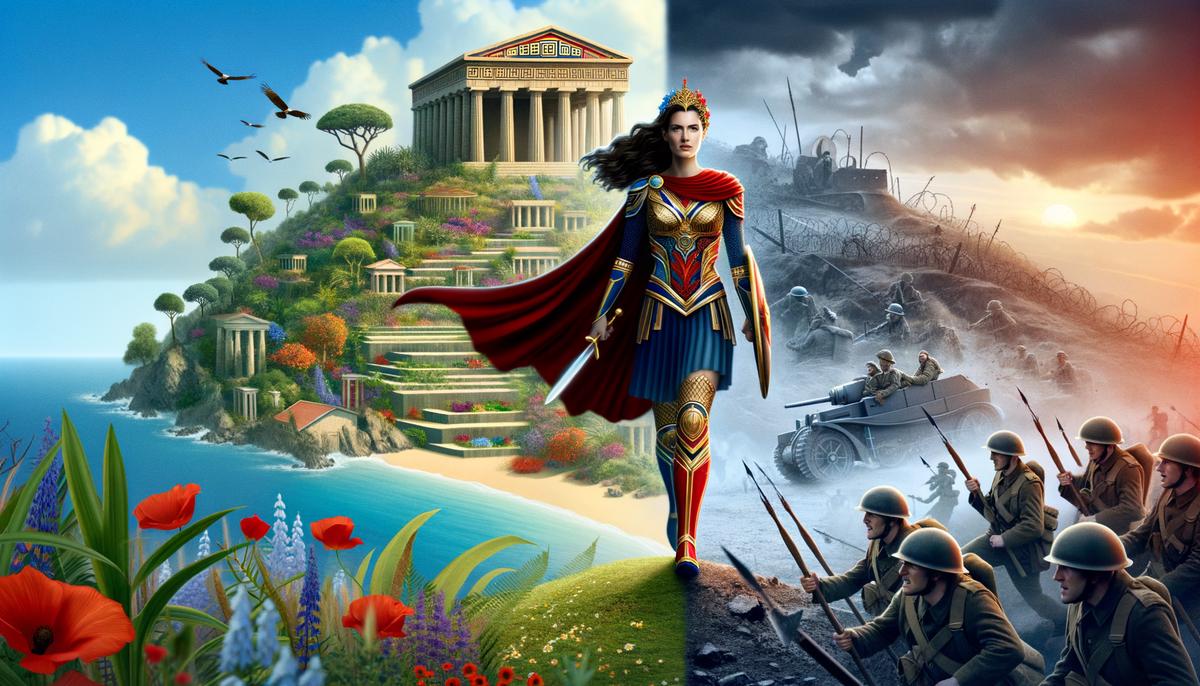 Gal Gadot as Wonder Woman, transitioning from the idyllic island of Themyscira to a World War I battlefield