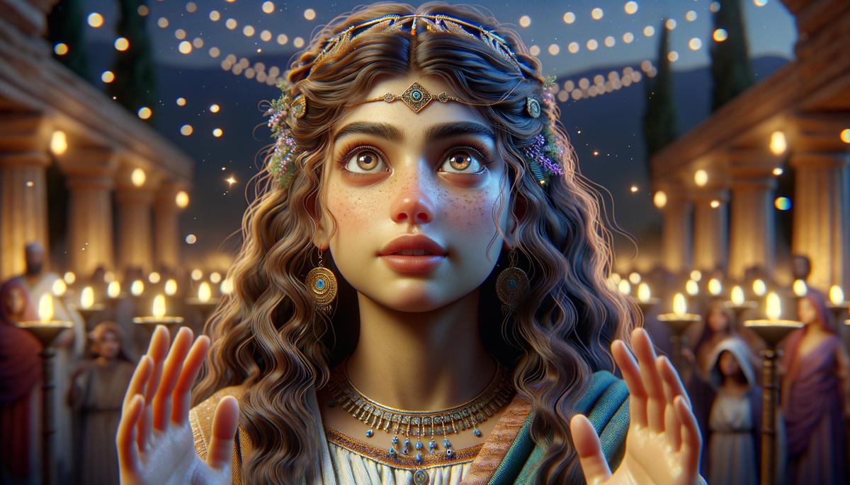 Galatea as a living woman, eyes wide with wonder as she moves and feels for the first time