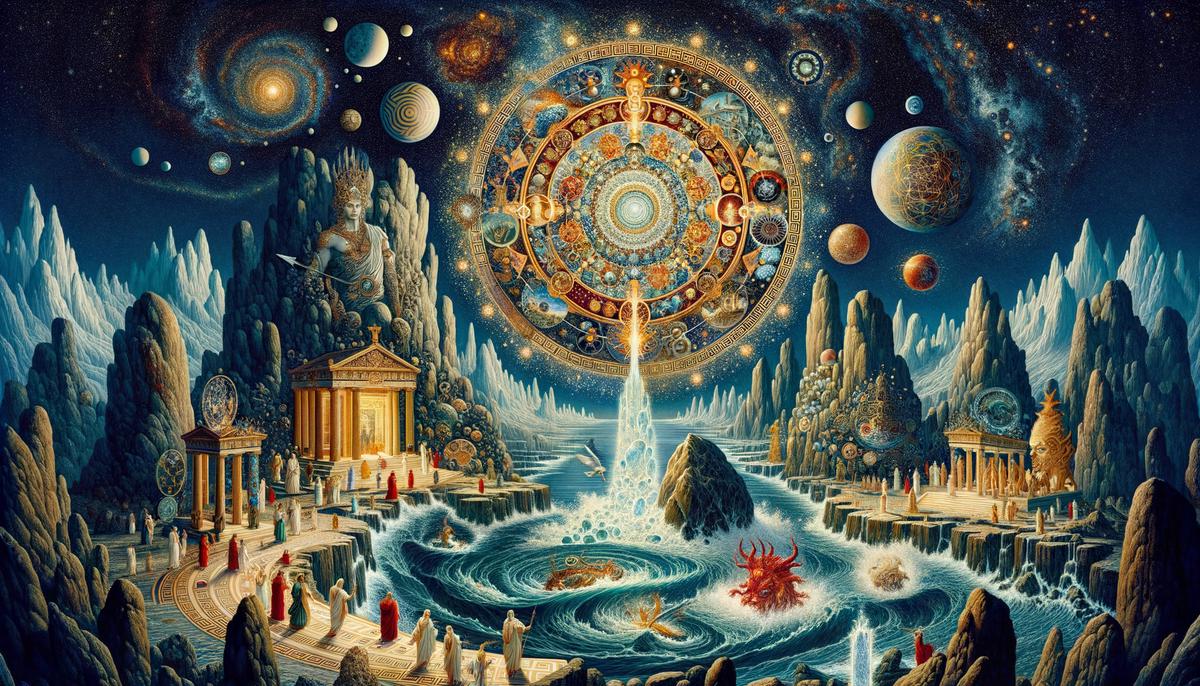Galatea using her divine powers to transform the blood of Acis into a bubbling river