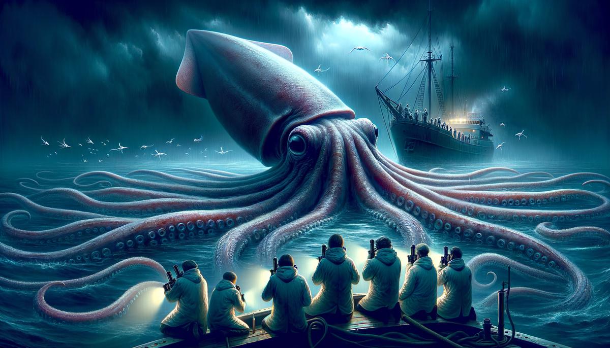 Giant squid tentacles emerging from the ocean depths with a ship and scientists studying it in the background