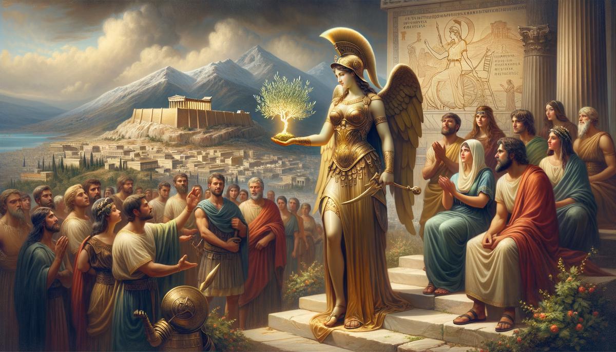 Goddess Athena presenting an olive tree to the people of Athens