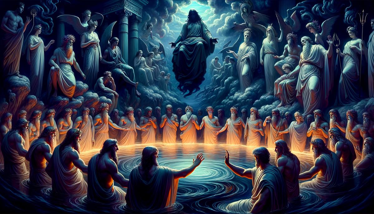 Greek gods gathered around the River Styx, with one god taking a solemn oath by dipping their hand in the dark waters