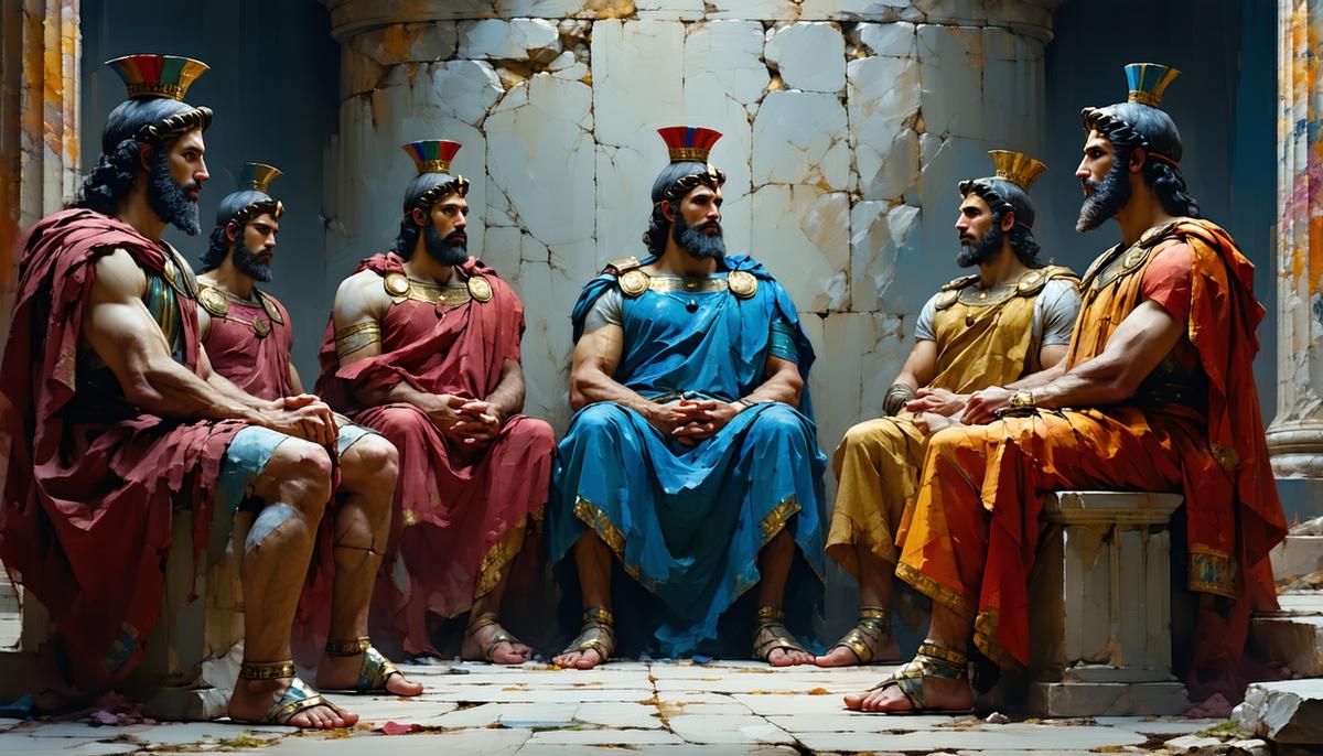 Greek gods participating in a modern group therapy session