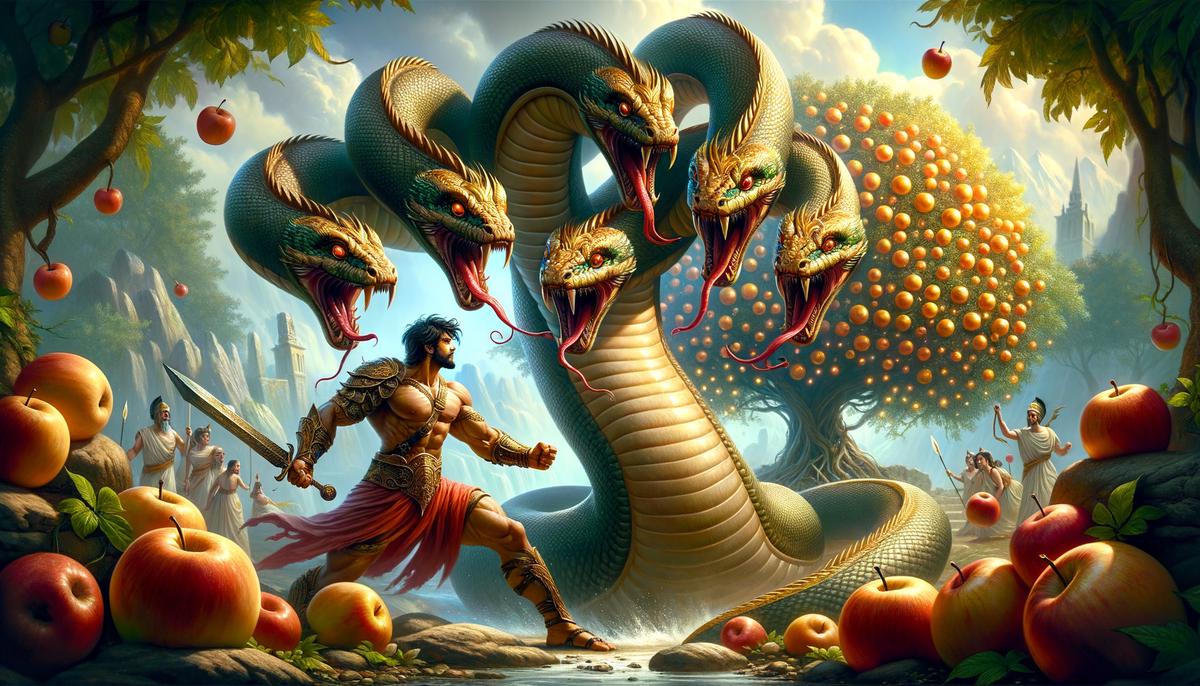 Greek hero Hercules battling the monstrous serpent Ladon, guardian of the golden apples in the Garden of the Hesperides.