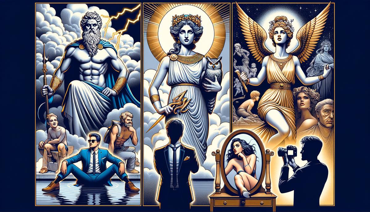 Greek mythological figures juxtaposed with modern icons