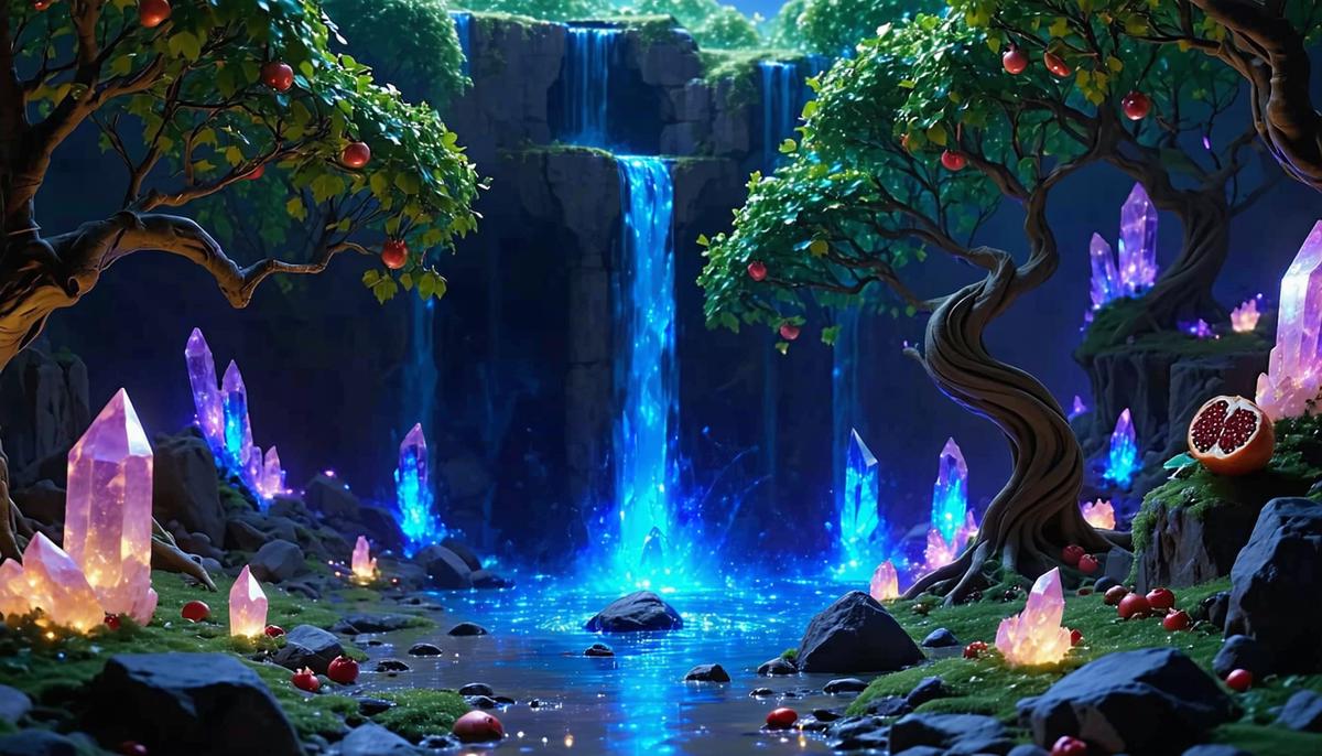 Hades and Persephone in a lush garden within the Underworld, surrounded by pomegranate trees and glowing crystals