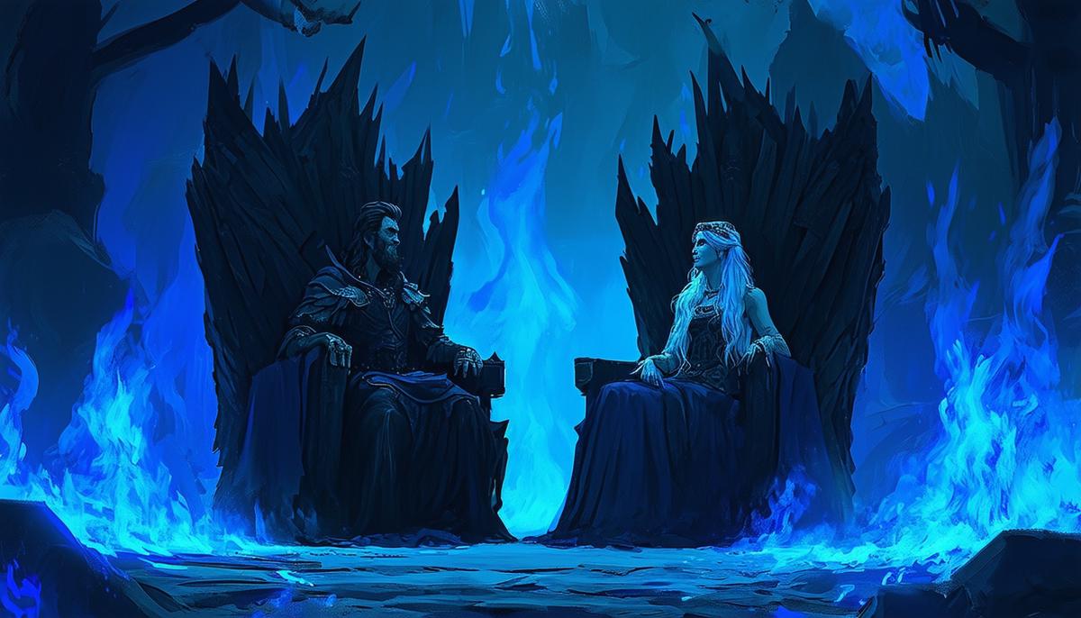Hades and Persephone sit regally upon their dark thrones in the Underworld, surrounded by the eerie blue flames of the realm of the dead, as they consider Orpheus' bold request.