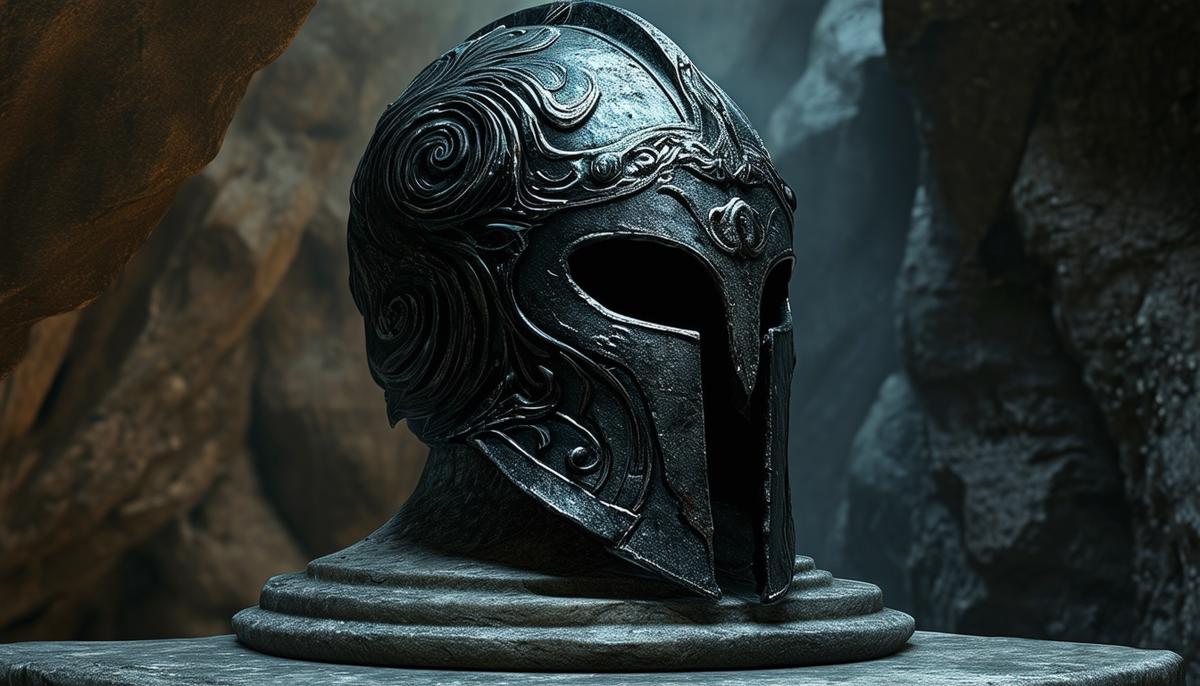 Hades' Helm of Darkness, a dark and mysterious helmet surrounded by swirling shadows, placed on a stone pedestal in a dimly lit cave