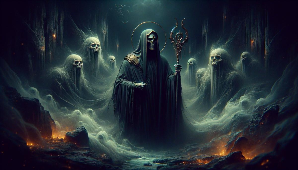 Hades in his dark realm, the Underworld, surrounded by souls and wearing his helmet of invisibility